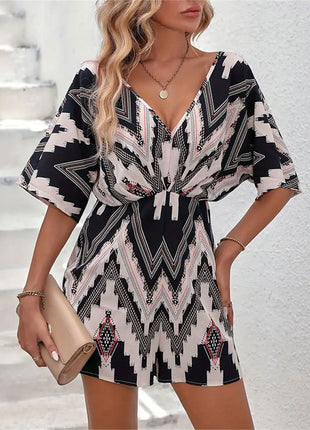 Printed V-neck Back Bandage Bow One-piece Shorts