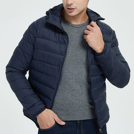 Manteau à capuche léger pour homme, veste d'hiver chaude à fermeture éclair de couleur unie, vêtements d'extérieur portables à la mode