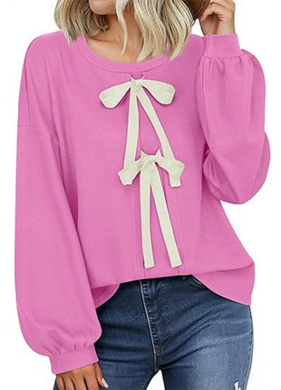 Women's Round Neck Front Lace-up Bow T Pullover Split Long Sleeve Shirt