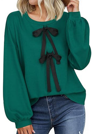 Women's Round Neck Front Lace-up Bow T Pullover Split Long Sleeve Shirt