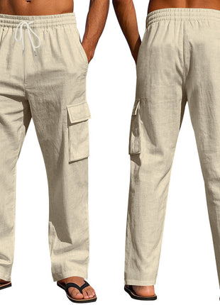 Workwear Multi-pocket Straight Linen Men's Trousers