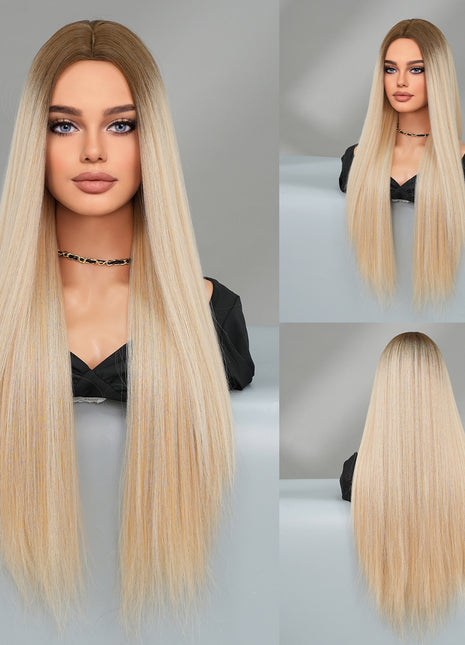 Super Long Medium Straight Hair Full-head Wig Natural Gold Gradient Chemical Fiber Wig