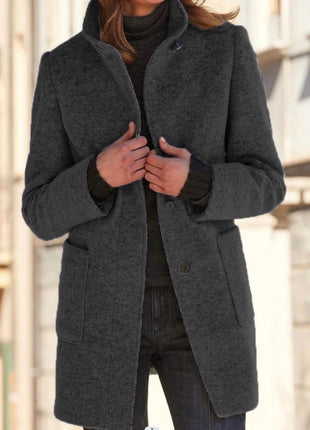 Manteau en laine à col montant avec poches pour femme, vêtement d'extérieur décontracté à boutons pour l'automne et l'hiver