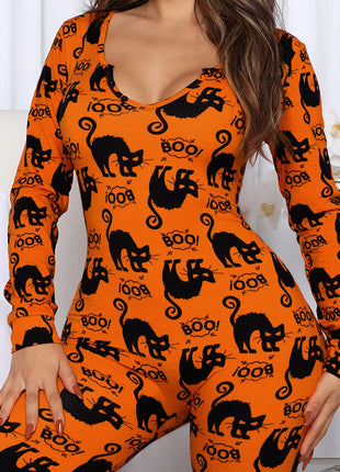 Halloween Printed Jumpsuit Long Sleeve Home Pajamas Casual Trousers Women's Cos Clothing