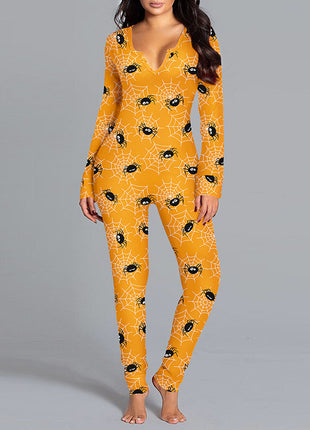 Halloween Printed Jumpsuit Long Sleeve Home Pajamas Casual Trousers Women's Cos Clothing