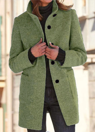 Manteau en laine à col montant avec poches pour femme, vêtement d'extérieur décontracté à boutons pour l'automne et l'hiver