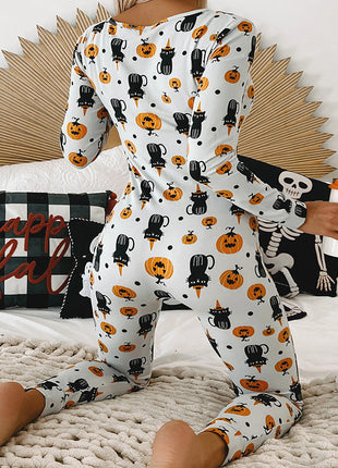 Halloween Printed Jumpsuit Long Sleeve Home Pajamas Casual Trousers Women's Cos Clothing