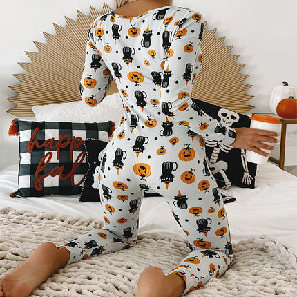 Combinaison imprimée Halloween à manches longues, pyjama pour la maison, pantalon décontracté, vêtements de cos pour femmes