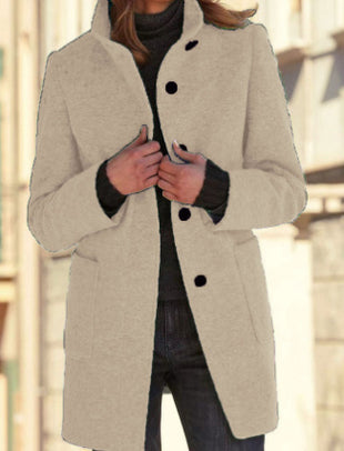 Manteau en laine à col montant avec poches pour femme, vêtement d'extérieur décontracté à boutons pour l'automne et l'hiver