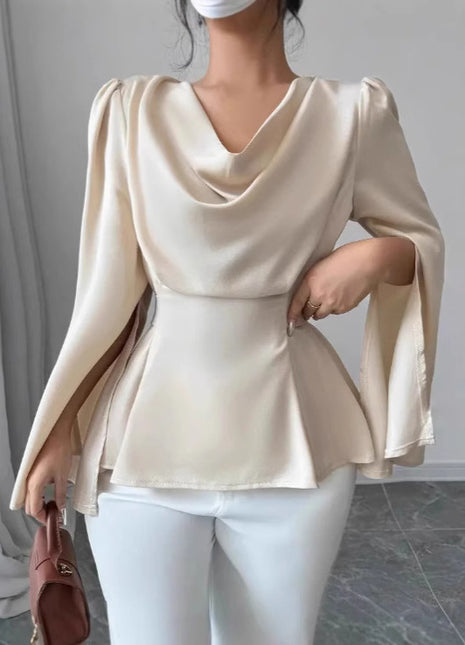 Chemise à manches évasées en satin pour femme avec bordure à la taille