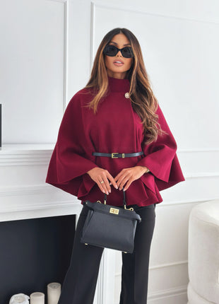 New Stand Collar Batwing Sleeves Cloak Top With Belt Ins Fashion Temperament Jacket Woolen Sweater Outwear For Women Clothing