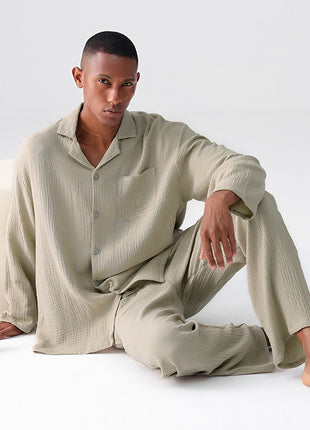 Woven Gauze Pajamas Men's Spring And Autumn Thin Homewear Suit