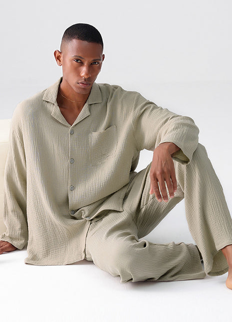 Pyjama en gaze tissée pour homme, tenue d'intérieur fine pour le printemps et l'automne