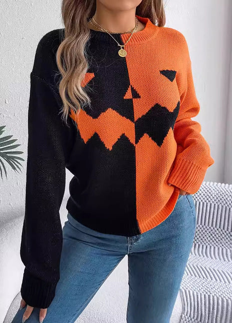 Pull à manches longues en tricot à couleur contrastée pour Halloween, vêtement tendance pour femme