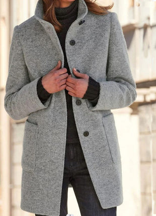 Manteau en laine à col montant avec poches pour femme, vêtement d'extérieur décontracté à boutons pour l'automne et l'hiver