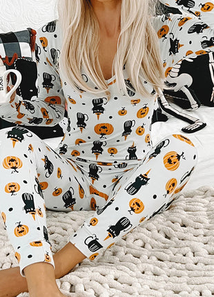 Halloween Printed Jumpsuit Long Sleeve Home Pajamas Casual Trousers Women's Cos Clothing