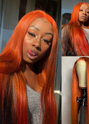 Split Orange Long Straight Chemical Fiber Lace Free Wig