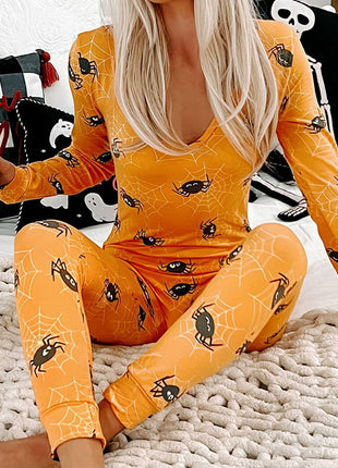 Halloween Printed Jumpsuit Long Sleeve Home Pajamas Casual Trousers Women's Cos Clothing